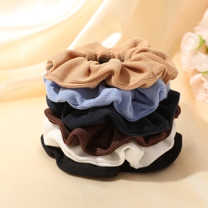 Set of 6 colorful ribbed fabric scrunchies for women with high elastic hair ties