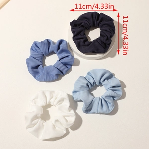 Detailed view of assorted blue hair scrunchies showing a 4.33 inch diameter size
