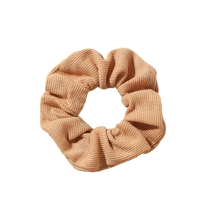 Minimalist camel ribbed knit scrunchie with elastic textured fabric for high ponytail