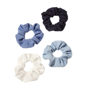 Set of 4 blue and white textured scrunchies for women with premium knit fabric texture