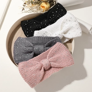 Women Knitted Rhinestone Bow Headband Winter Warm Crochet Ear Warmer Soft Elastic Hair Band Headwear Fashion Accessories