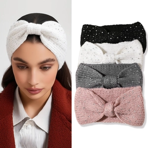 Knitted rhinestone bow headband set for winter warmth in black white grey and pink