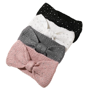 Knitted bow headbands with rhinestones in black white grey and pink set of four