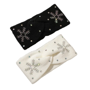 Winter-Strickstirnband-Set in Schwarz und Weiß mit Strass-Schneeflocken-Design