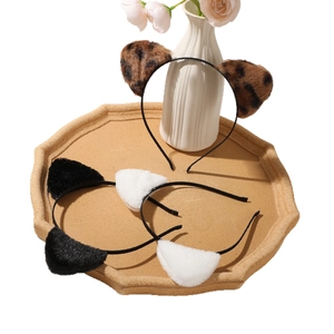 Set di tre cerchietti con orecchie di gatto in peluche leopardato, nero e bianco