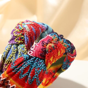 Bohemian linen woven headband with colorful ethnic embroidery and hollow knit details