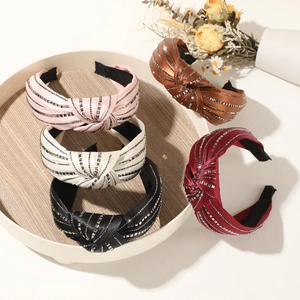 Vintage wide French headband with double-row rhinestones and knot design in five colors