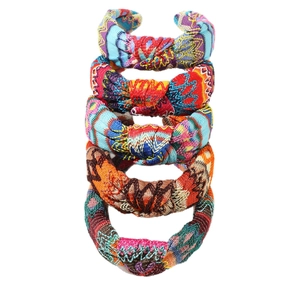 Five-piece bohemian embroidered headband set with vintage knot design in vibrant colors