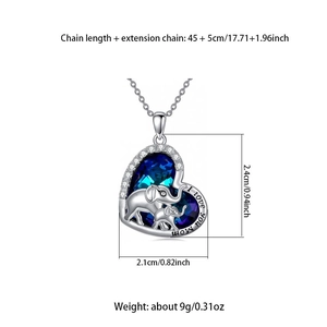 Collier cœur éléphant mère-enfant en argent avec cristal bleu et gravure Maman