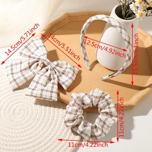 Detailed size specifications for brown plaid bow hair clip, headband, and scrunchie set