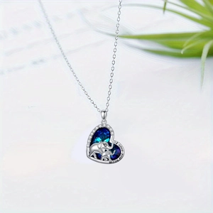 Collier cœur en cristal bleu avec éléphant mère-enfant et gravure pour maman