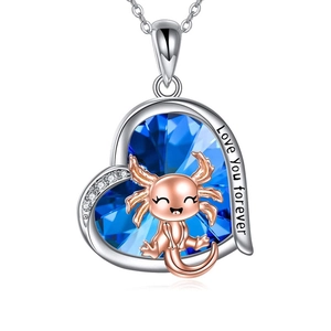 Collier cœur en cristal bleu avec axolotl or rose et gravure Love You Forever
