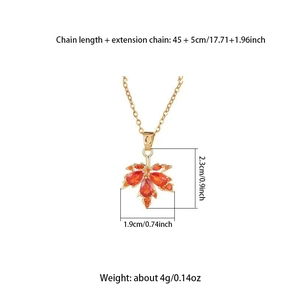 Detailed size chart of maple leaf pendant necklace with dimensions and weight specs
