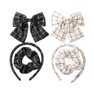 Vintage checkered fabric hair accessory set including headband, bow clip and scrunchie