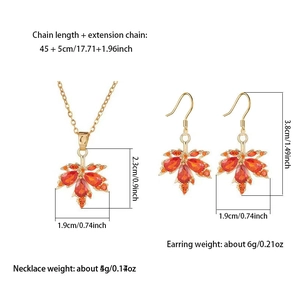 Detailed size specifications for maple leaf necklace and earring set with dimensions