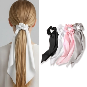 French style satin ribbon scrunchies set in black white pink and silver for ponytails