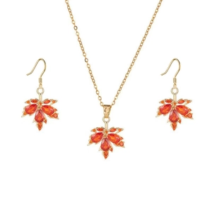 Golden maple leaf necklace and earring set with vibrant orange sparkling rhinestones