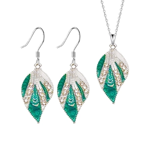 Vintage Silber Blattschmuck Set mit grünem Emaille und Diamanten, Kette und Ohrringe