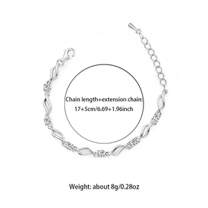 Detailed silver wave bracelet dimensions showing 17+5cm chain length and 8g weight