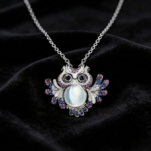 S925 silver owl pendant necklace featuring colorful crystals and a luminous moonstone