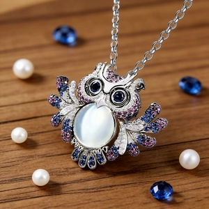 Fashion owl pendant necklace with moonstone and colorful crystals on silver chain