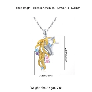 Unicorn necklace detail showing dimensions 2.8cm by 2cm with 45 plus 5cm chain length