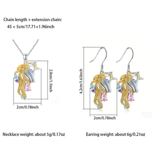 Detailed size chart for the unicorn necklace and earrings set with crystal inlay