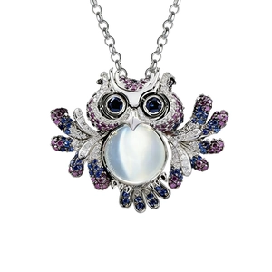 Fashionable owl pendant necklace with moonstone and colored crystals in silver finish