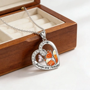 Collar corazón de zorro en plata con esmalte naranja y grabado Always and Forever