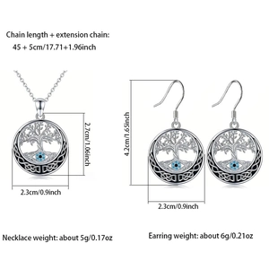 Detailed size specifications for Tree of Life and Evil Eye jewelry set in silver finish