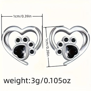 Detailed view showing dimensions and weight of silver heart dog paw stud earrings