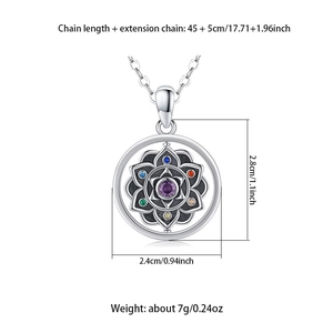 Detailed size chart showing 45+5cm chain length and 2.8cm mandala lotus flower pendant