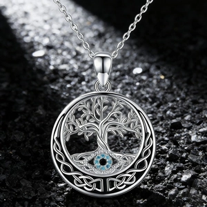 Gothic Tree of Life and Evil Eye pendant necklace with silver Celtic knot detailing