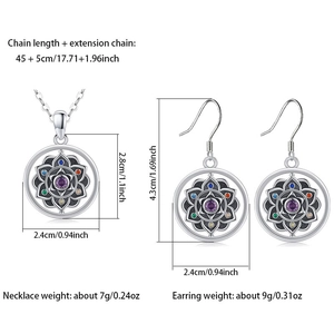 Detailed size specifications for the silver lotus necklace and earring jewelry set