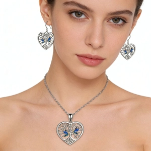 Parure de bijoux en argent avec collier cœur arbre de vie et papillon et boucles d'oreilles