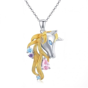 Cute unicorn pendant necklace set with golden mane and colorful gemstones in silver finish