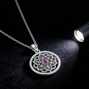 Colorful lotus flower pendant necklace with purple center stone and silver chain link