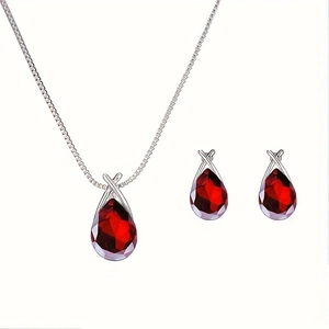 Elegant waterdrop red crystal necklace and earrings jewelry set for bridal weddings