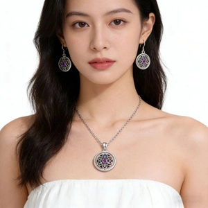 Detailed close-up of colorful lotus pendant and matching earrings worn by a model