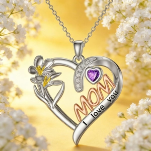 Silver and rose gold heart MOM necklace with purple stone and lily flower accent