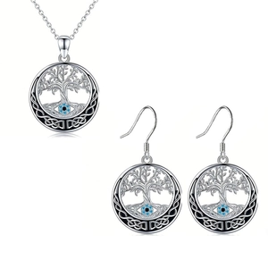 Vintage Tree of Life and Evil Eye pendant necklace with matching earrings jewelry set