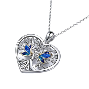 Collier cœur arbre de vie en argent avec papillons en émail bleu sur chaîne fine