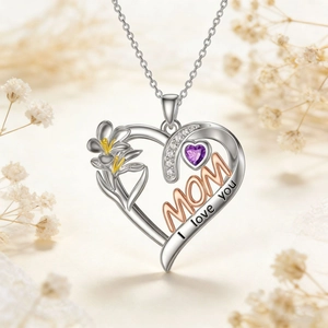 Alloy Rhinestone Heart MOM Pendant Necklace Purple Heart Gem Flower Detail Double Heart Jewelry Women Mother's Day Gift