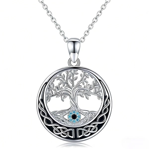 Gothic Tree of Life circle necklace with Evil Eye detail and Celtic knot borders