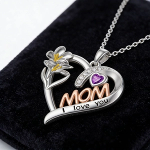 Mom heart pendant necklace with purple gemstone and I Love You engraving on black velvet