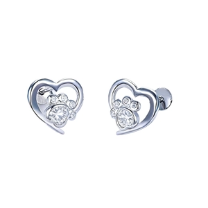 Silver hollow heart stud earrings with sparkling paw print and round zircon stone