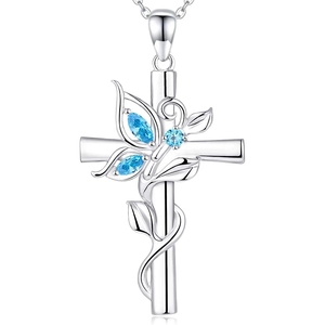 Collier croix en argent pour femme avec motifs papillon abstraits et cristaux bleus