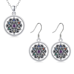 Vintage mandala jewelry set with purple gemstone and colorful stones on silver chain