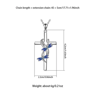 Dimensiones detalladas del collar cruz libélula con colgante de 4,2x2,2cm y cadena de 45cm