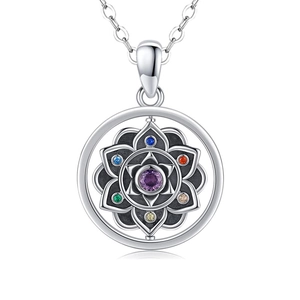 Rotating mandala lotus necklace set with purple gemstone and colorful accents